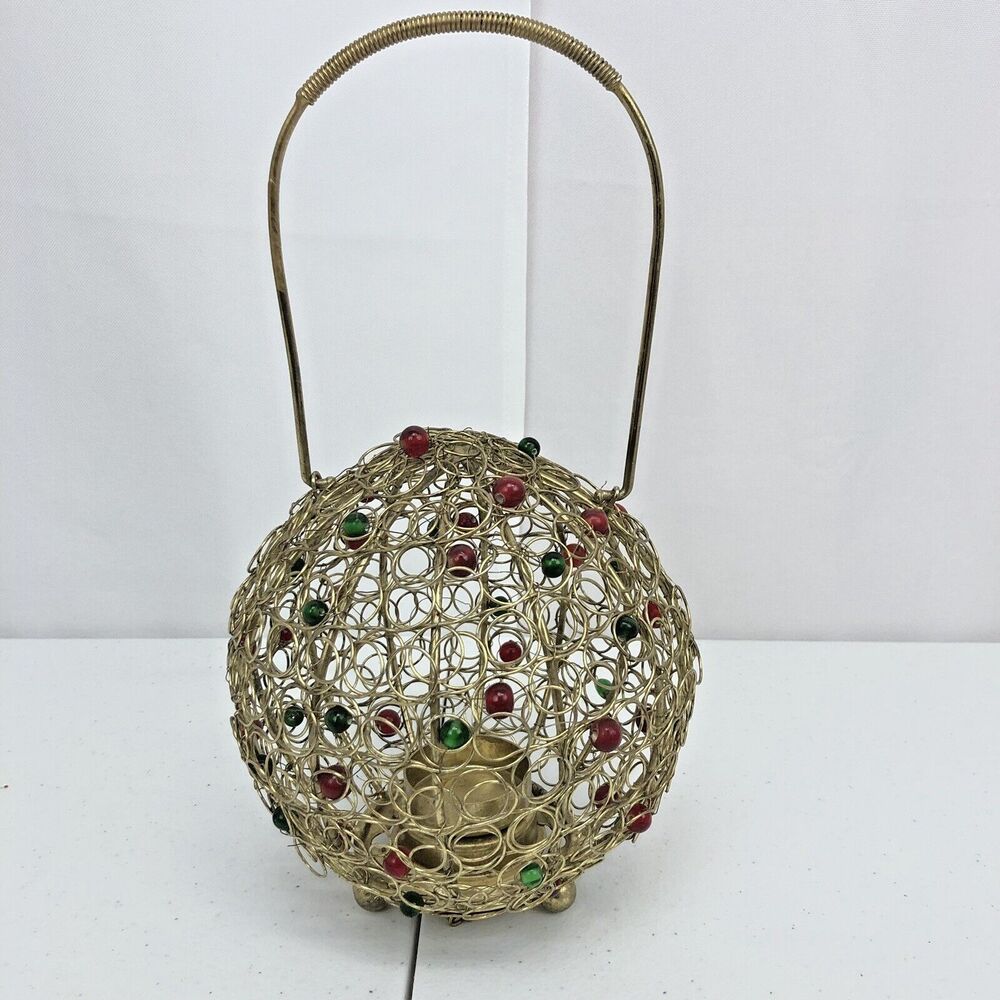 Vintage Round Brass Color Wire Red Green Beads Tea/Votive Candle Holder Handle